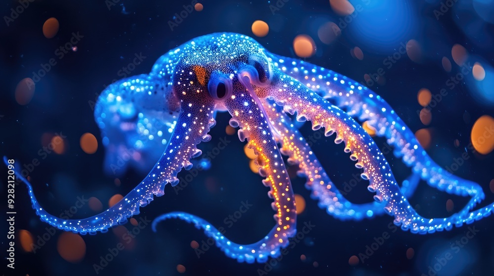 Elegant close-up of a bioluminescent squid with its light-filled tentacles, captured in the deep sea Elegant close-up of a bioluminescent squid with its light-filled tentacles, captured in the deep sea