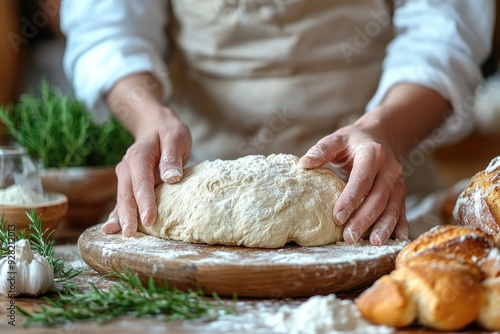 Baker kneading dough for fresh bread in a rustic kitchen