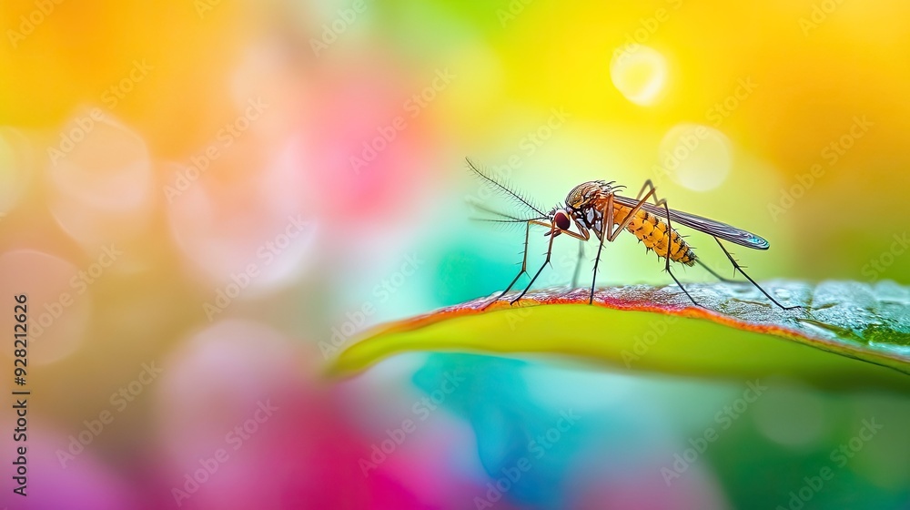 Fototapeta premium Macro shot of a mosquito perched on a leaf, with colorful, soft-focus nature scenery behind it