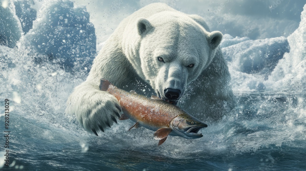 Naklejka premium Powerful polar bear tearing into a salmon, with the icy waters and a snowy backdrop framing the scene