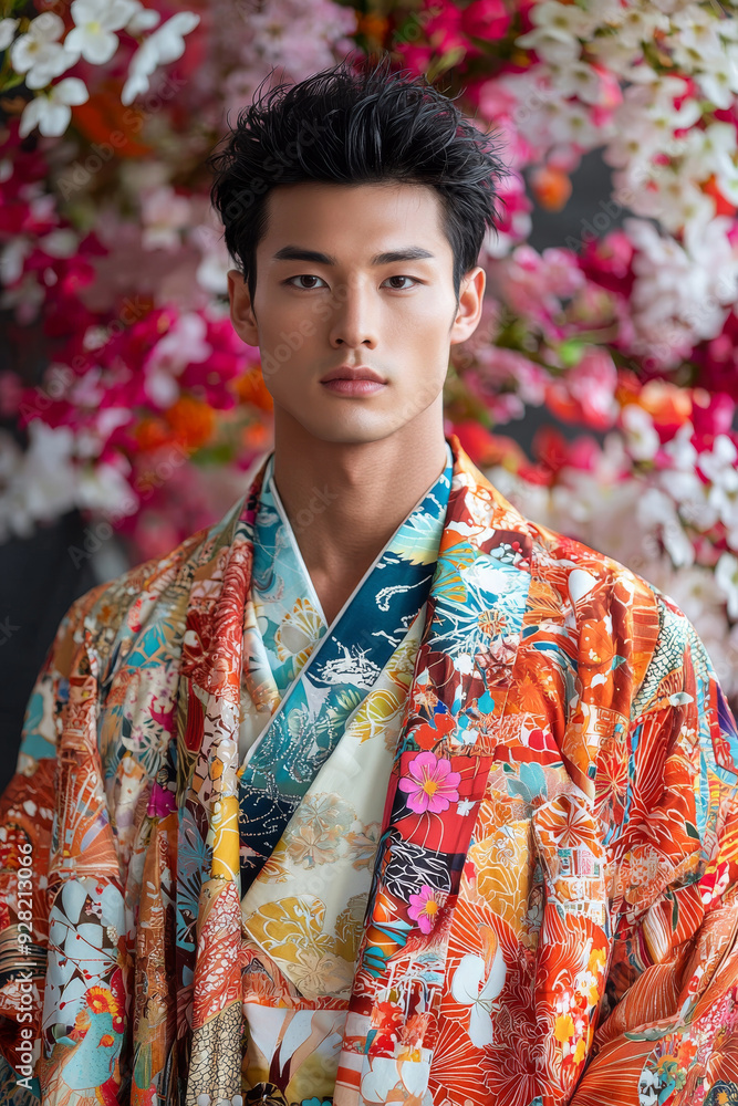 Obraz premium 伝統的なローブを着たアジア人男性の鮮やかな肖像画