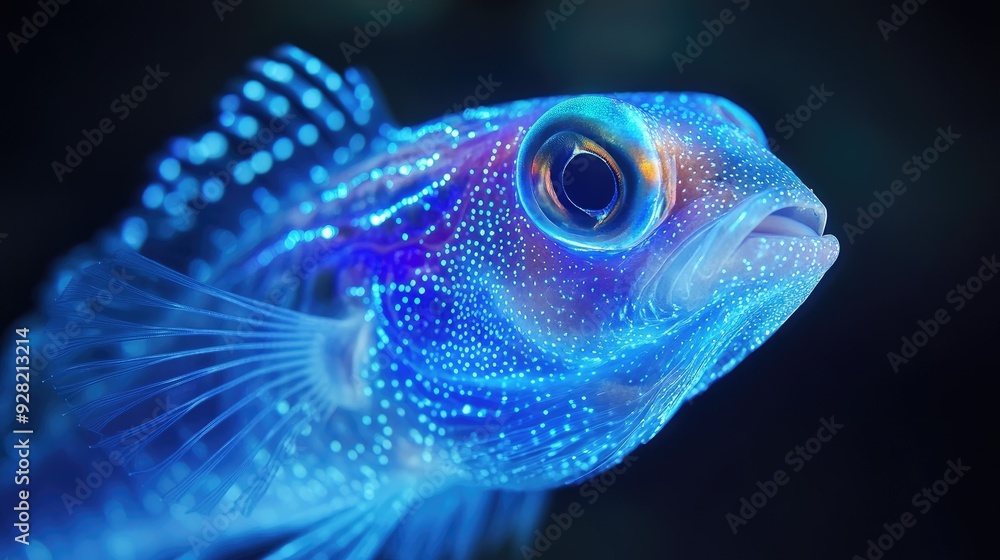 Stunning 3D close-up of a bioluminescent fish with a brilliant light show in its oceanic realm Stunning 3D close-up of a bioluminescent fish with a brilliant light show in its oceanic realm