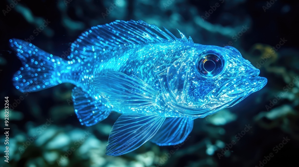 Fototapeta premium Stunning 3D close-up of a bioluminescent fish with a brilliant light show in its oceanic realm