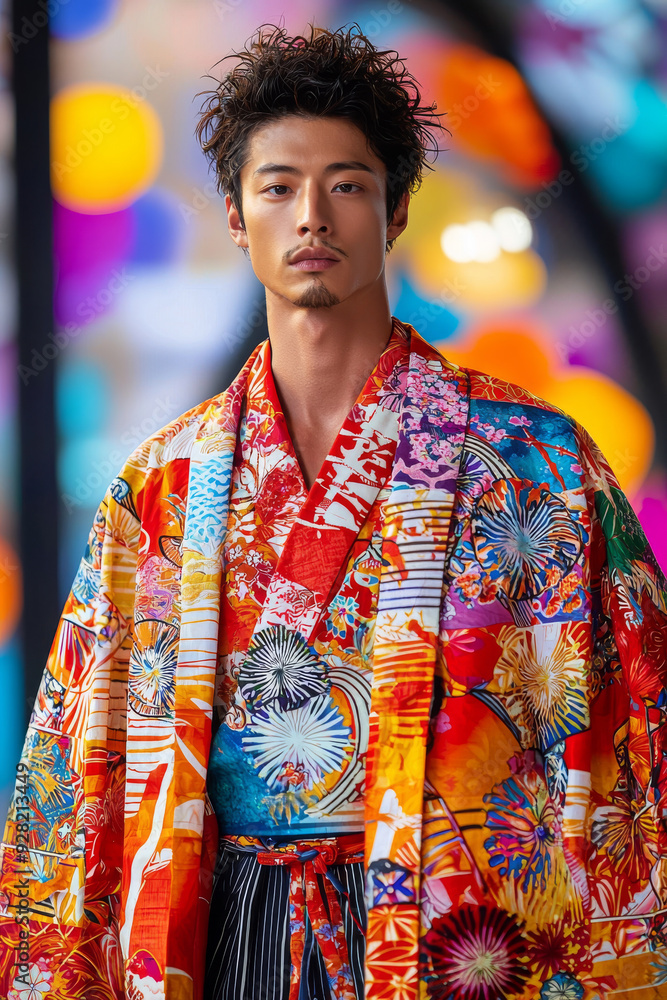 Obraz premium 伝統的なローブを着たアジア人男性の鮮やかな肖像画
