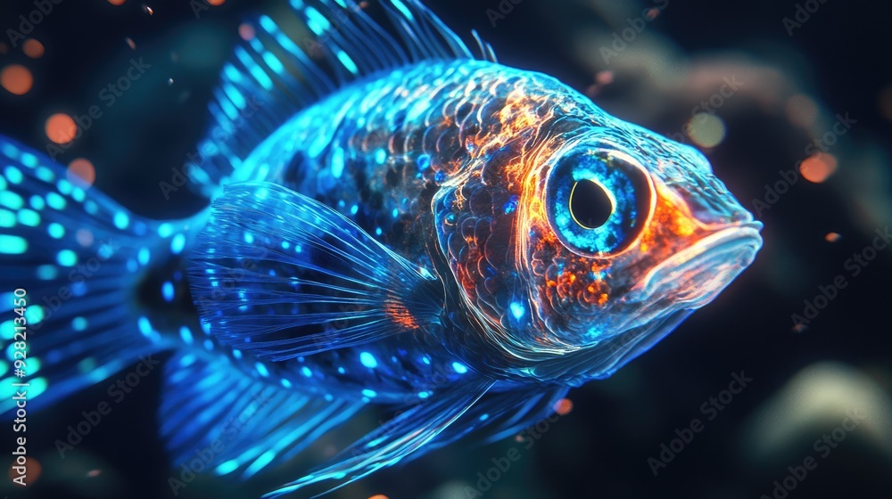 Vivid 3D close-up of a bioluminescent fish with an alluring glow amidst the dark sea environment Vivid 3D close-up of a bioluminescent fish with an alluring glow amidst the dark sea environment