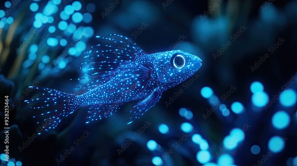 Vivid 3D close-up of a bioluminescent fish with an alluring glow amidst the dark sea environment Vivid 3D close-up of a bioluminescent fish with an alluring glow amidst the dark sea environment