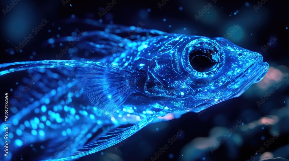 Vivid 3D close-up of a bioluminescent fish with an alluring glow amidst the dark sea environment Vivid 3D close-up of a bioluminescent fish with an alluring glow amidst the dark sea environment