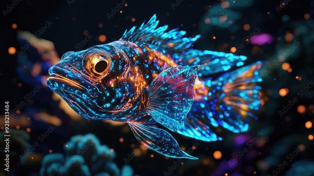 Vivid 3D close-up of a bioluminescent fish with an alluring glow amidst the dark sea environment Vivid 3D close-up of a bioluminescent fish with an alluring glow amidst the dark sea environment