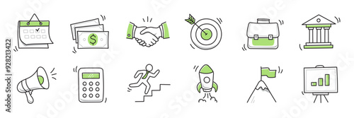 Hand drawn doodle business, money icon set. Finance, startup marketing sketch drawn cute trendy line doodle icon. Business work, finance rocket, growth economic goal elements. Vector illustration