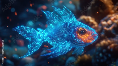 Vivid 3D close-up of a bioluminescent fish with an alluring glow amidst the dark sea environment