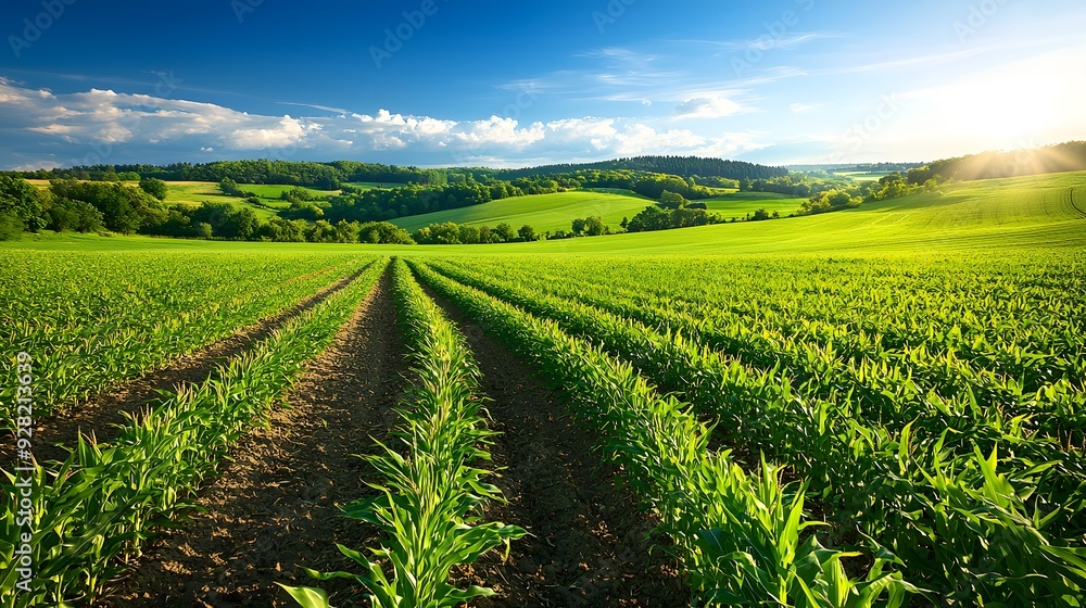 Lush green fields under a bright blue sky at sunset. Lush green fields under a bright blue sky at sunset.