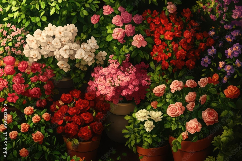 Vibrant collection of blooming roses in various colors, displayed in pots, surrounded by lush green foliage. Vibrant collection of blooming roses in various colors, displayed in pots, surrounded by lush green foliage.