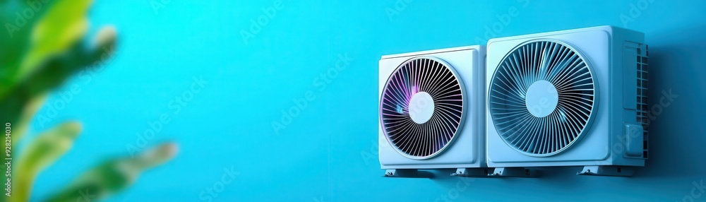 Modern air conditioning units mounted on a vibrant blue wall, showcasing efficient cooling technology in a stylish interior. Modern air conditioning units mounted on a vibrant blue wall, showcasing efficient cooling technology in a stylish interior.