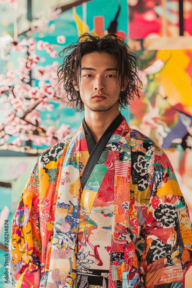 Obraz premium 伝統的なローブを着たアジア人男性の鮮やかな肖像画