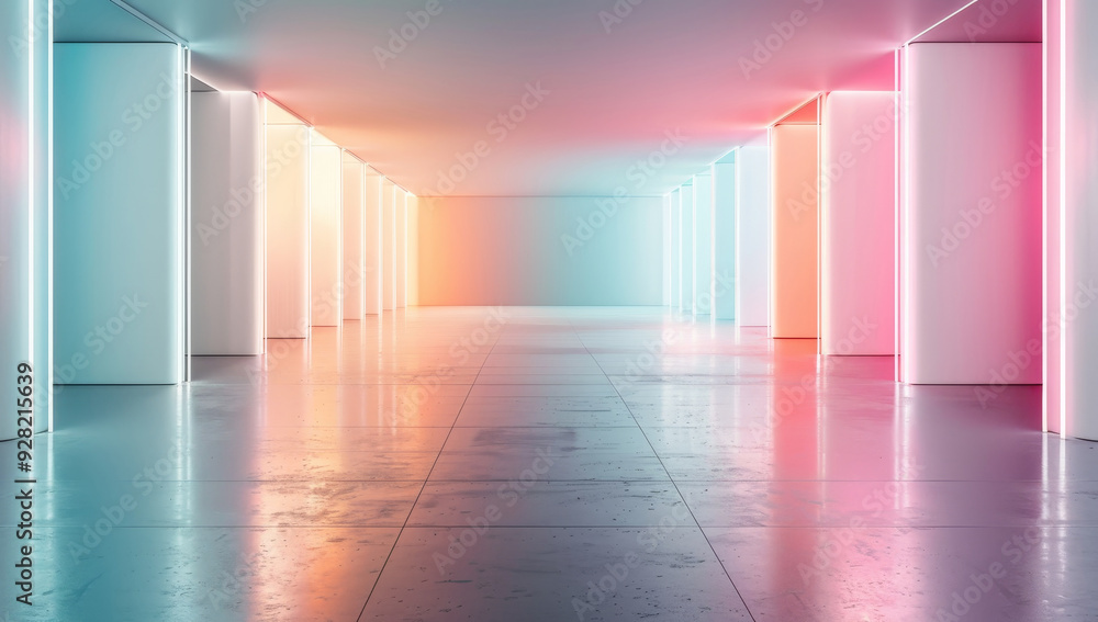 A long hallway with neon lights and a rainbow of colors by AI generated image A long hallway with neon lights and a rainbow of colors by AI generated image
