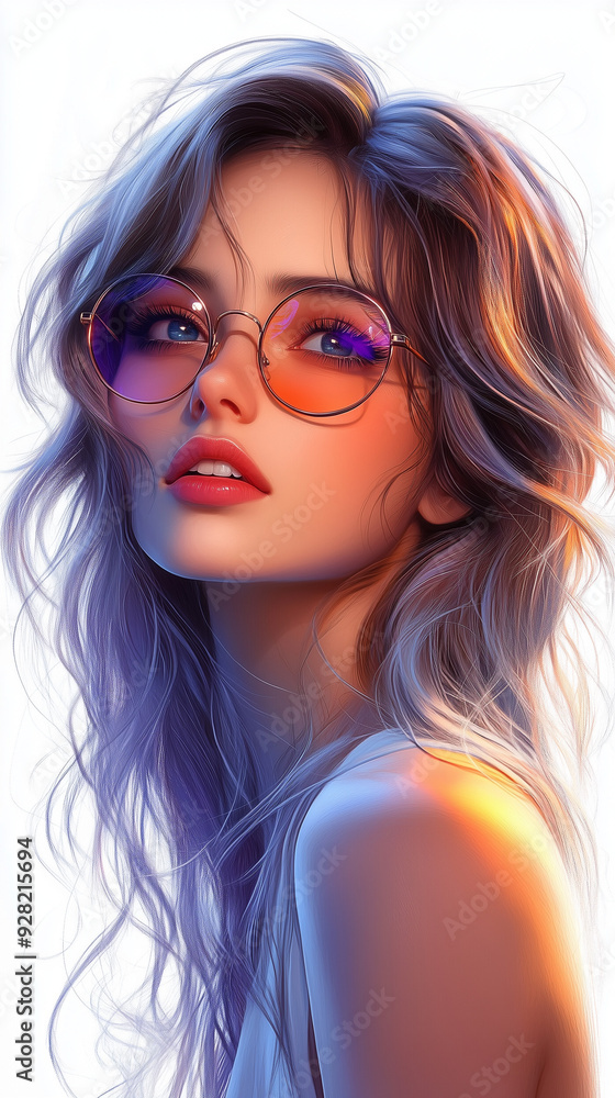 Cool anime girl, cute and stylish, round glasses, isolated on white background Cool anime girl, cute and stylish, round glasses, isolated on white background