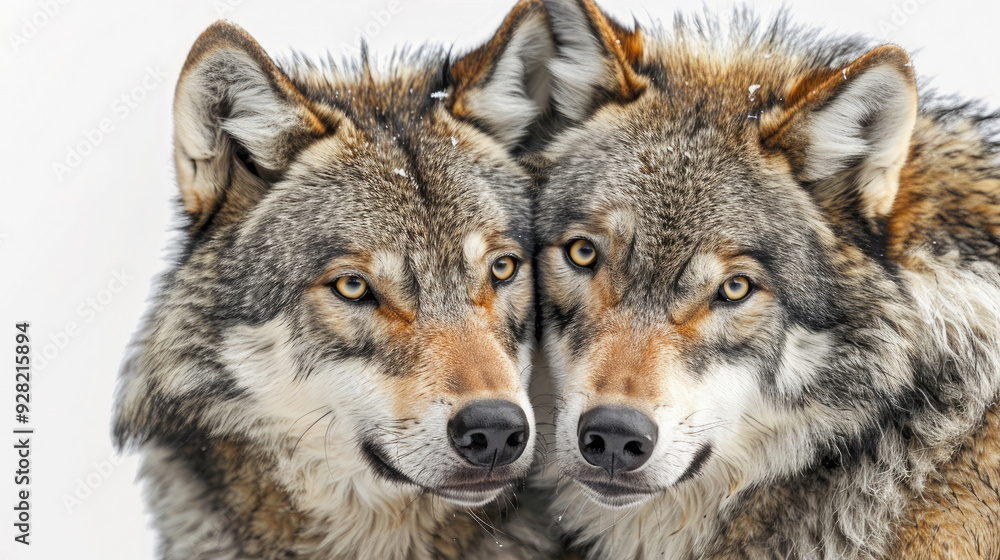 Two gray wolves put their heads close to each other isolated on a white background Two gray wolves put their heads close to each other isolated on a white background