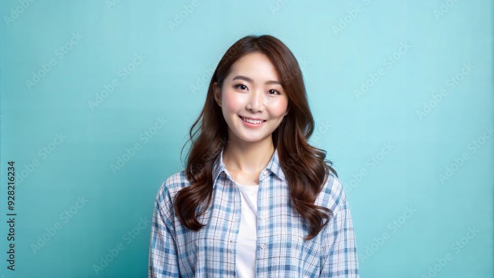 image of an cute young korean women in shirt posing happy on a light blue background with blank space for text image of an cute young korean women in shirt posing happy on a light blue background with blank space for text