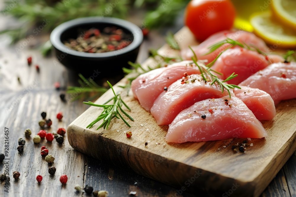 Raw chicken meat cutting on a wooden board commercial advertising photo