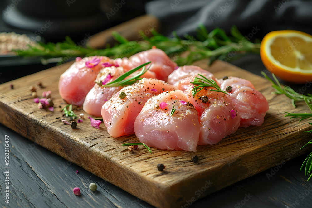 Raw chicken meat cutting on a wooden board commercial advertising photo Raw chicken meat cutting on a wooden board commercial advertising photo