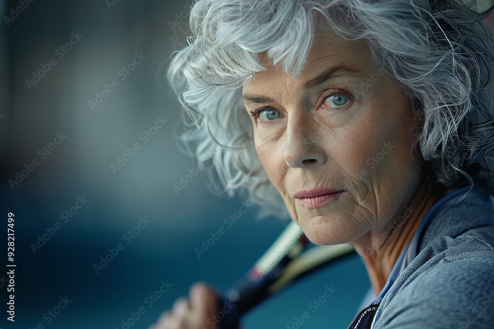 Close-up Of A Senior Woman With Gray Hair Holding A Tennis Racket On A Blue Background Close-up Of A Senior Woman With Gray Hair Holding A Tennis Racket On A Blue Background
