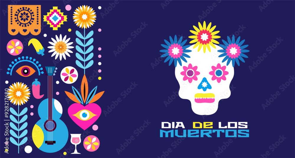 Naklejka premium Dia de Los Muertos, Day of the Dead or Halloween greeting card, banner, background Sugar skulls, candle, maracas, guitar, sombrero, marigold flowers, Сalavera la Catrina skeleton Vector illustration