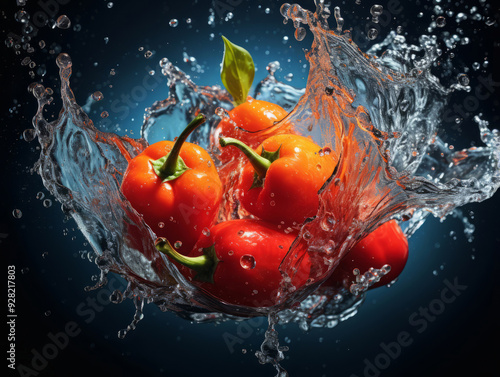 Attractive Wet red tomato splashing in blue water photo