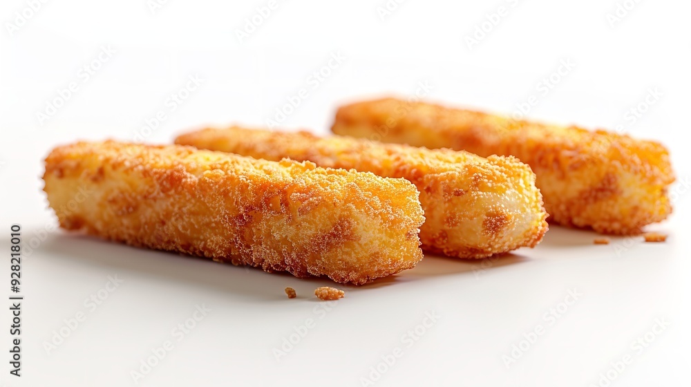 Macro view Golden crispy fried fish fingers on white background Macro view Golden crispy fried fish fingers on white background