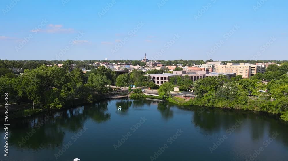 Aerial view of Quarry Lake in downtown Naperville IL with surrounding trees and buildings. Dolly Forward Day Aerial view of Quarry Lake in downtown Naperville IL with surrounding trees and buildings. Dolly Forward Day