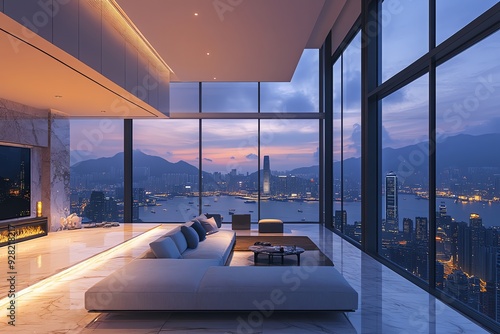 Modern living room with city view and fireplace.