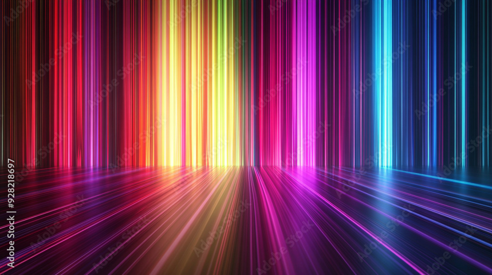 Abstract background with colorful vertical light streaks and stripes, shiny floor with long rays of multicolored lights Abstract background with colorful vertical light streaks and stripes, shiny floor with long rays of multicolored lights