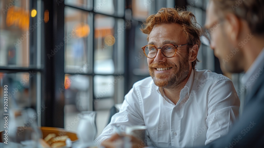 two men in business sitting at the table and talking, smiling happily two men in business sitting at the table and talking, smiling happily