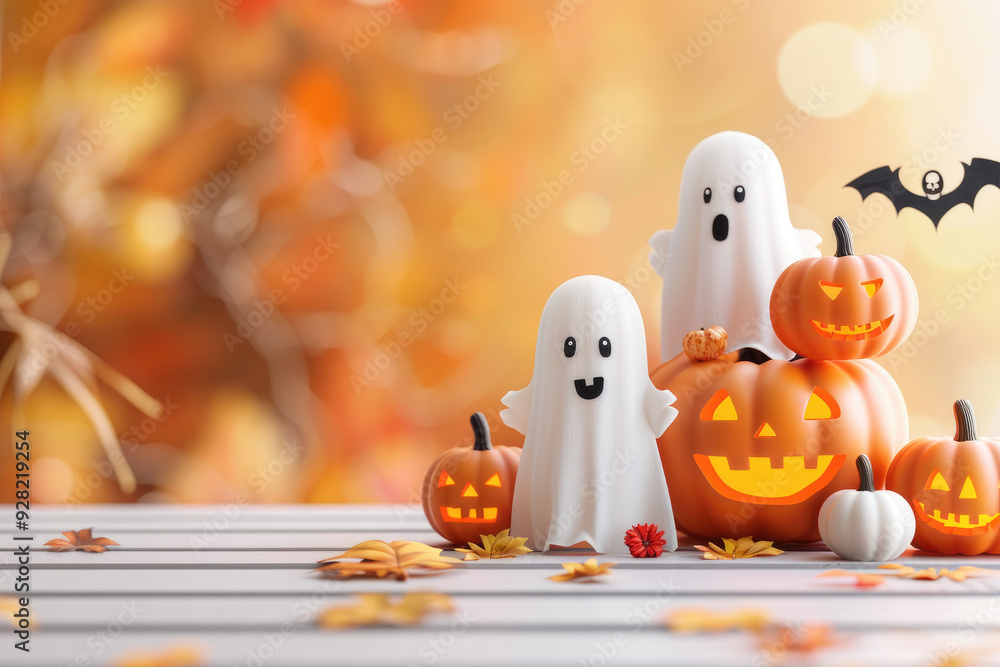 Playful Halloween Scene with Smiling Ghosts and Grinning Pumpkins Surrounded by Colorful Fall Leaves and Warm Ambient Lighting Playful Halloween Scene with Smiling Ghosts and Grinning Pumpkins Surrounded by Colorful Fall Leaves and Warm Ambient Lighting