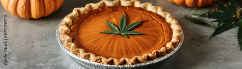 Festive pumpkin pie adorned with a cannabis leaf, surrounded by pumpkins and greenery, blending traditional fall flavors with modern culinary creativity. photo