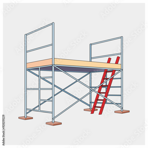 Missing handrail of scaffolding for construction work vector illustration. Safety for working at height. Unsafe condition. 3d view of work platform using metal steel pipe.