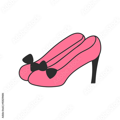 Pink Bow Heels. Coquette Glamour woman footwear. Hand drawn Girlie Shoes. Isolated vector illustration. 