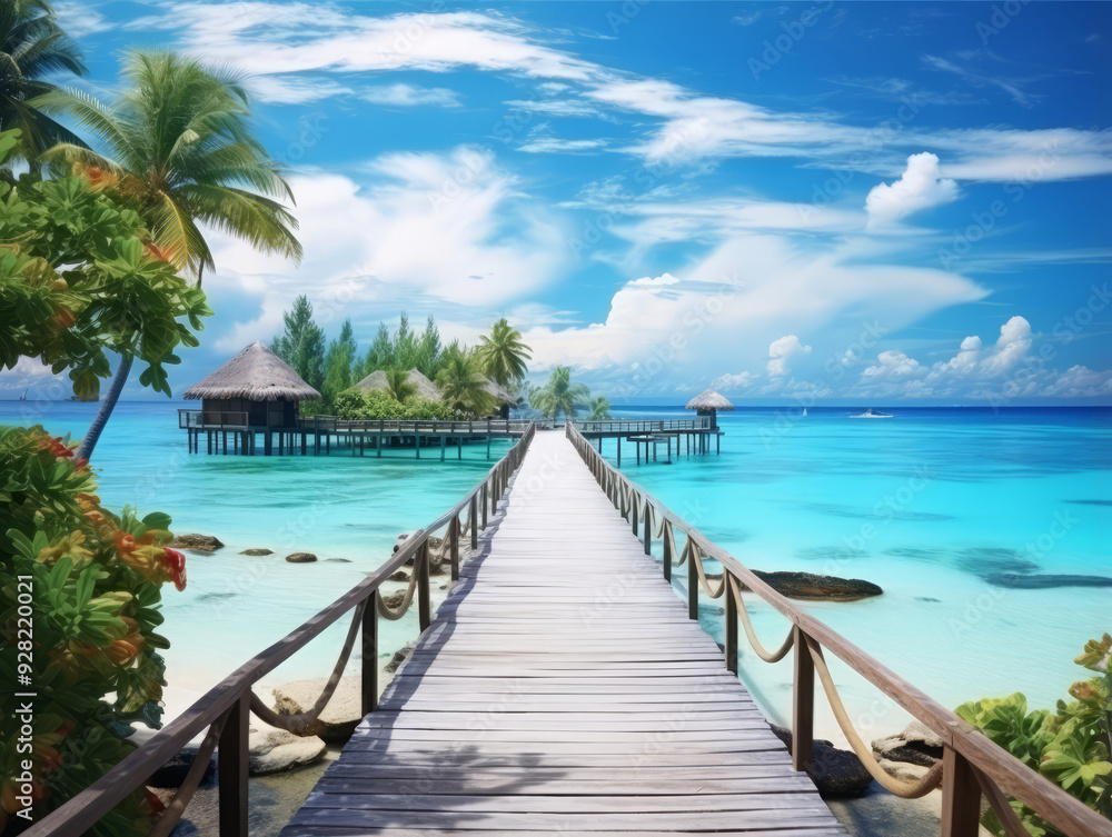 Obraz premium Amazing Beautiful water villas in tropical Maldives island at the sunrise time