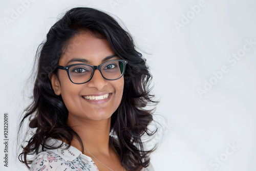 Happy smiling student Indian woman in glasses portrait isolated on white