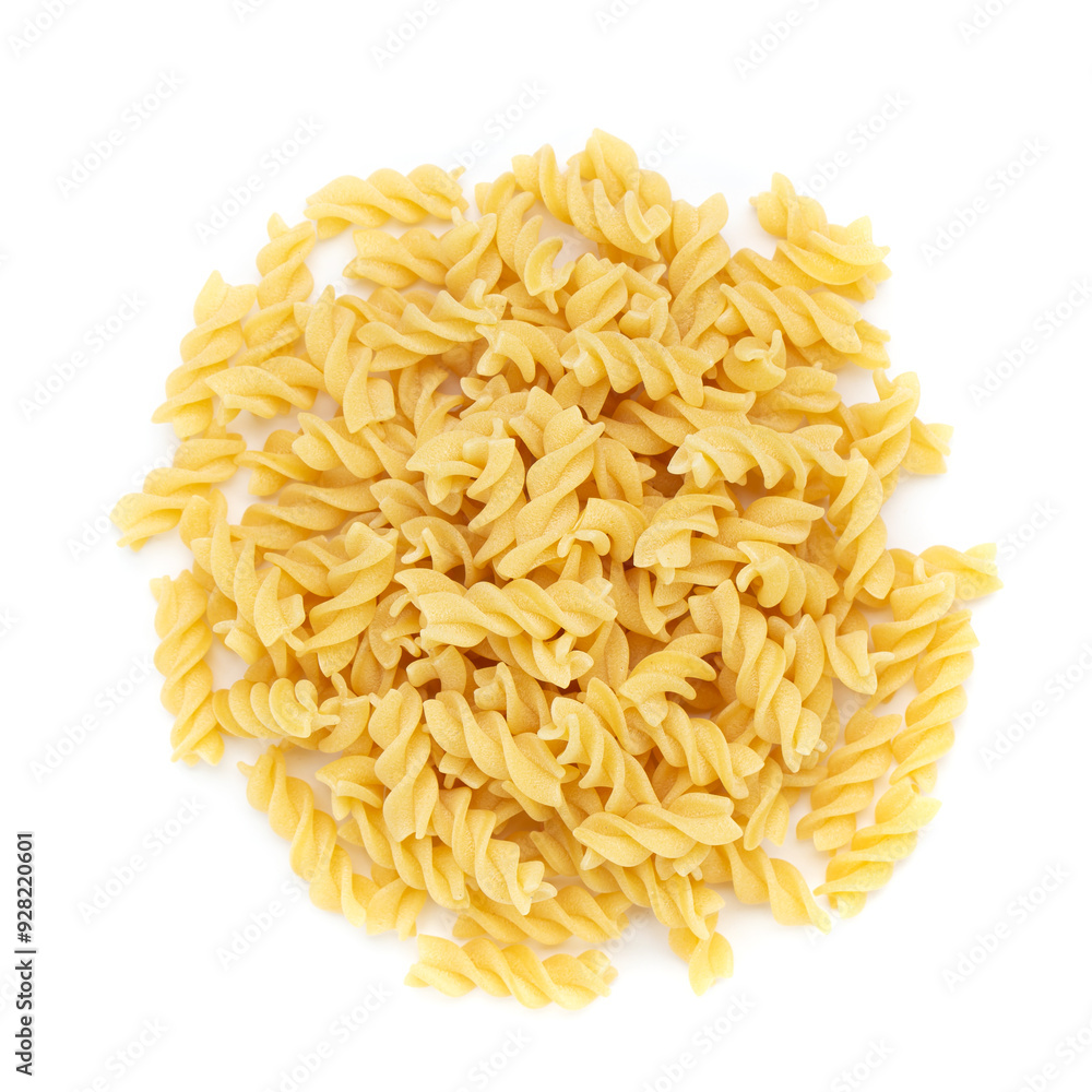 Raw pasta Fusilli isolated on white background. Raw and Dry Macaroni. Italian Culture. Raw pasta Fusilli isolated on white background. Raw and Dry Macaroni. Italian Culture.