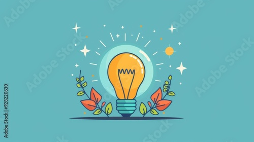 A vibrant light bulb surrounded by colorful leaves and sparkles, symbolizing creativity and inspiration in a fresh design.
