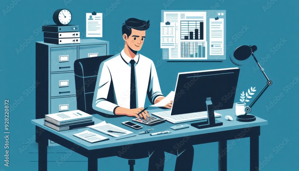 businessman working on computer, doing business proposal , vector art businessman working on computer, doing business proposal , vector art