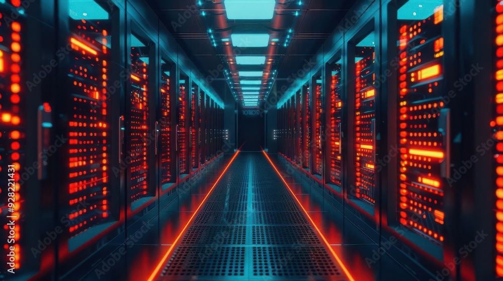 Futuristic data center with illuminated server racks, showcasing advanced technology and modern architecture in a sleek environment. Futuristic data center with illuminated server racks, showcasing advanced technology and modern architecture in a sleek environment.