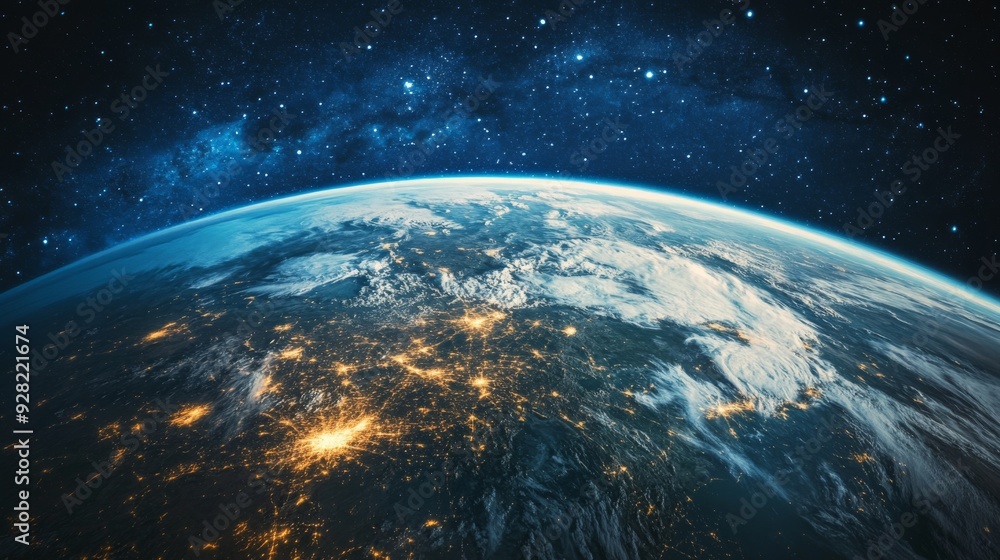 Fototapeta premium Earth at night with city lights and stars.