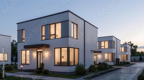 Modern house exterior with large windows, illuminated at twilight. A clean design in a serene neighborhood setting.
