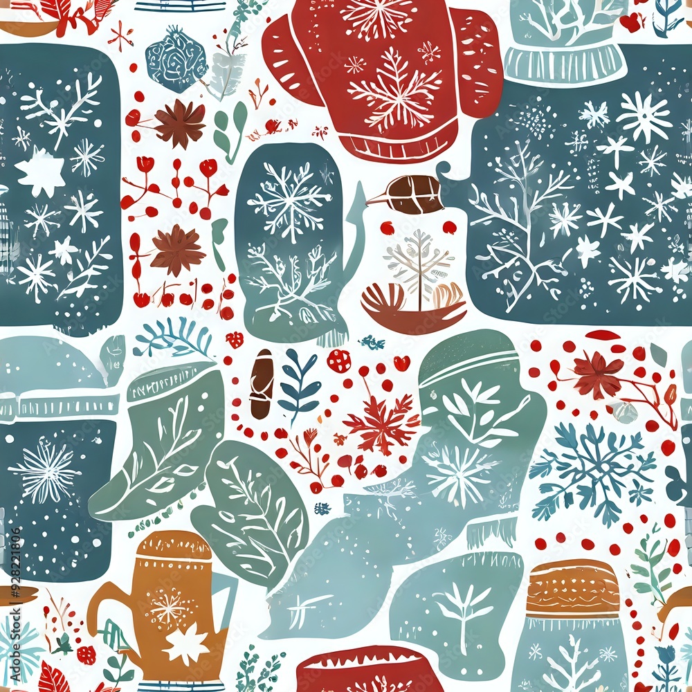 Fototapeta premium Seamless Pattern: Christmas Winter Floral Patchwork Textile Design
