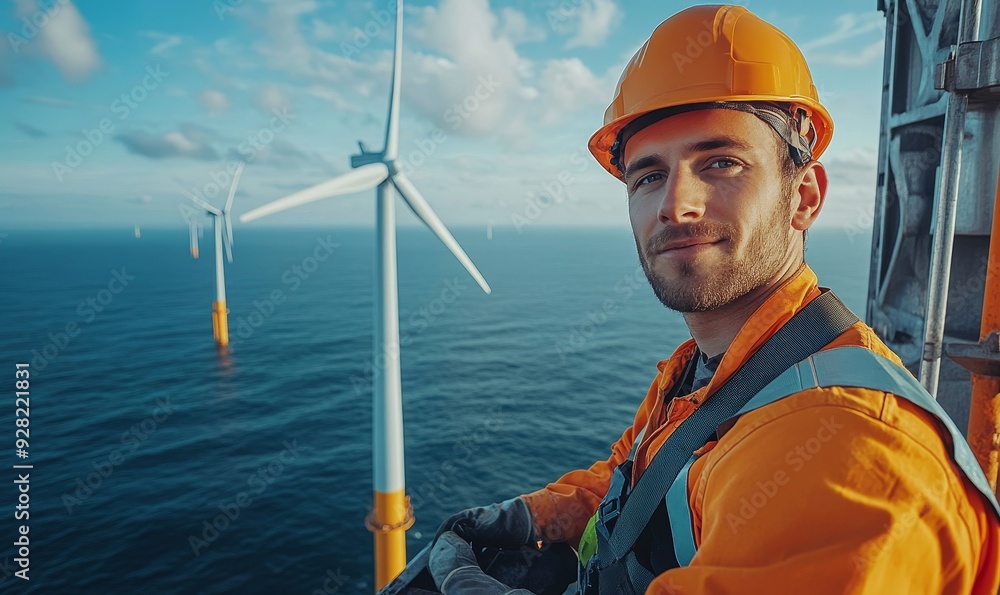 Engineers are repairing and maintaining an offshore turbine house. Portrait of a skilled professional worker working at height. Offshore wind farm in the, Generative AI Engineers are repairing and maintaining an offshore turbine house. Portrait of a skilled professional worker working at height. Offshore wind farm in the, Generative AI
