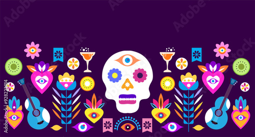 Dia de Los Muertos, Day of the Dead or Halloween greeting card, banner, background Sugar skulls, candle, maracas, guitar, sombrero, marigold flowers, Сalavera la Catrina skeleton  Vector illustration