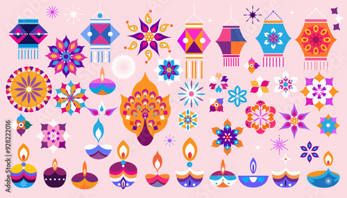 Traditional Indian festival Diwali. Happy Festival of lights Deepavali Template  set icons for banner, poster, greeting card Festive Burning diya graphic design background Vector abstract illustration