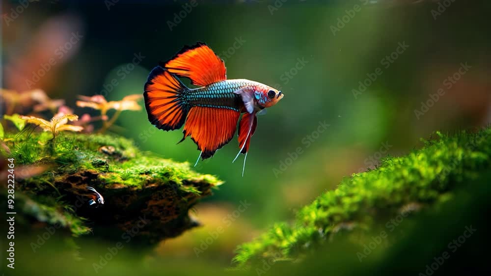 beautiful elegance orange black male Siamese Fighting Fish or Betta fish swimming in beautiful scenery aquarium decorated with aquatic plants beautiful elegance orange black male Siamese Fighting Fish or Betta fish swimming in beautiful scenery aquarium decorated with aquatic plants