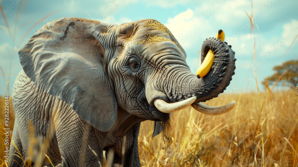 Obraz premium An African elephant in the savanna holding a banana with its trunk against a background of golden grass and a blue sky
